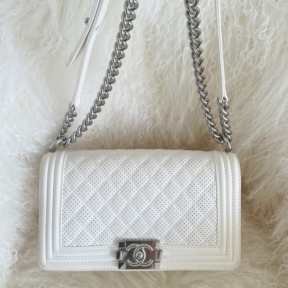 Like New Chanel Perforated Lambskin Leather Medium White Flap Boy Bag